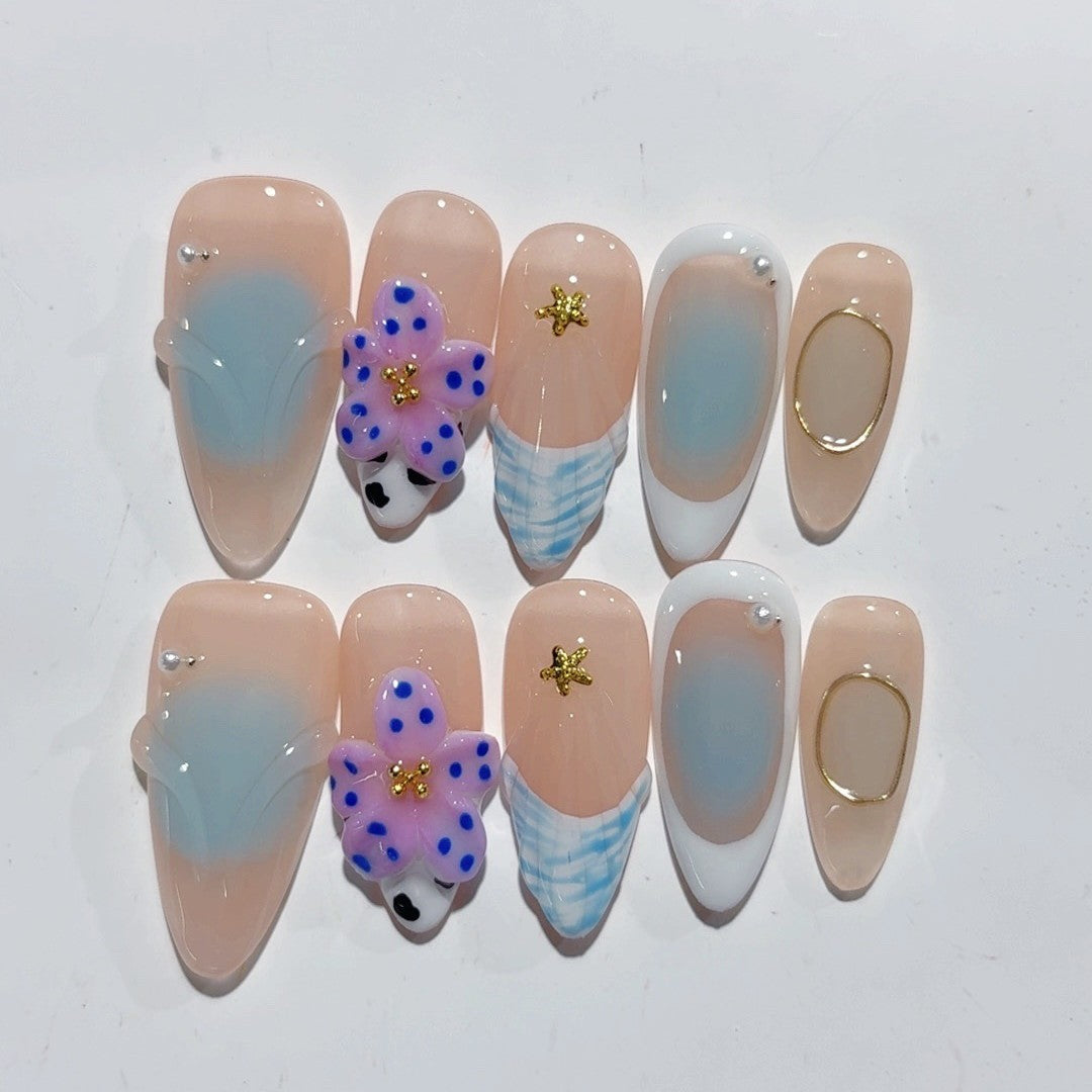 365nails-Beach Breeze：「海洋花卉」— 杏仁形 手工製 3D 雕刻 穿戴甲