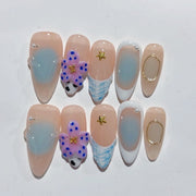 365nails-Beach Breeze：「海洋花卉」— 杏仁形 手工製 3D 雕刻 穿戴甲