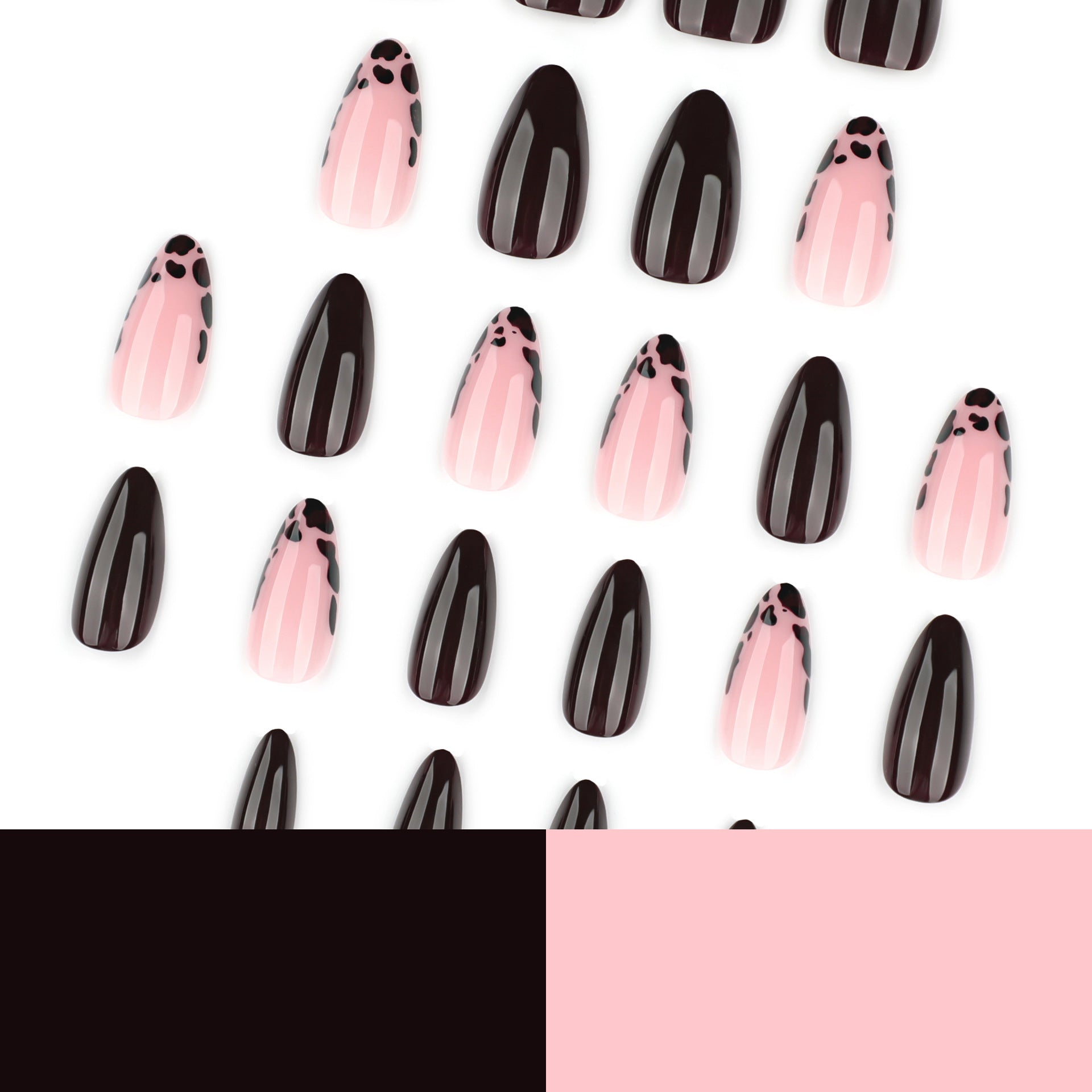 Pink and Black Cow Print Contrast Glossy Nails