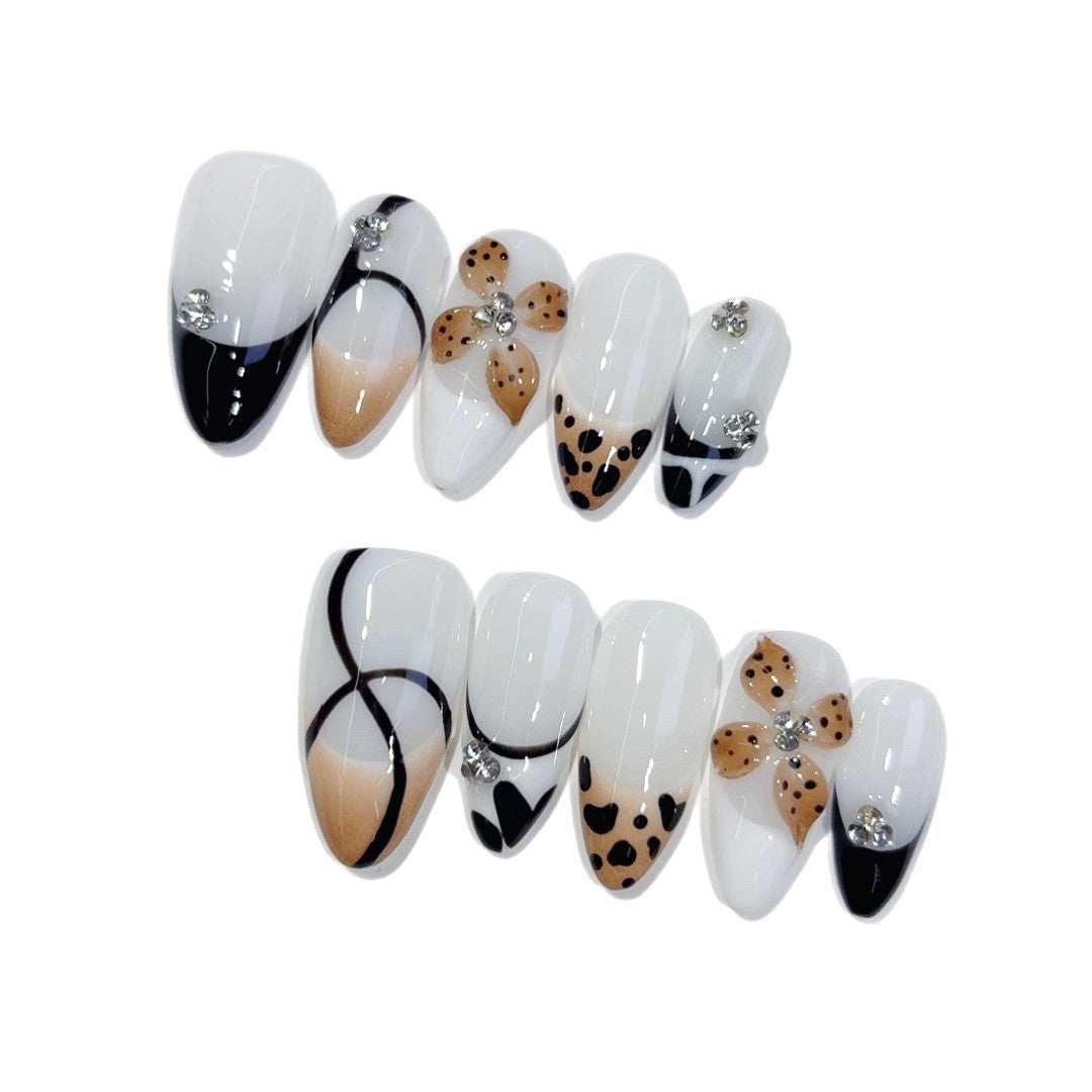 Edgy Monochrome Series: "Leopard Bikini" – Long Almond Handmade Press-on Nails