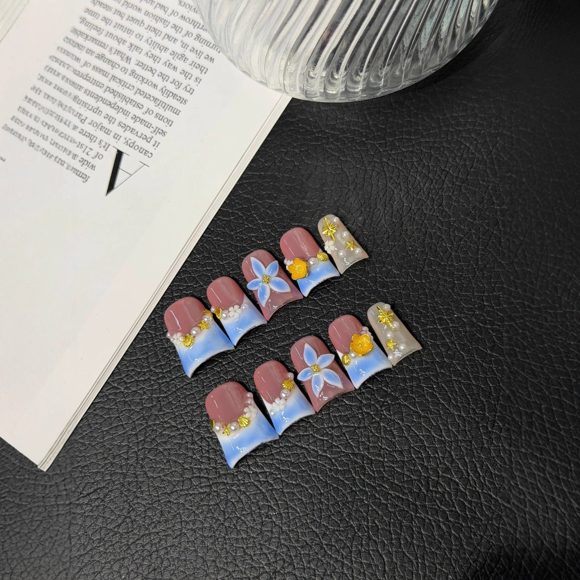 365nails: "Blue Sky Flower" – 3D Floral & Gradient Handmade Square Nails