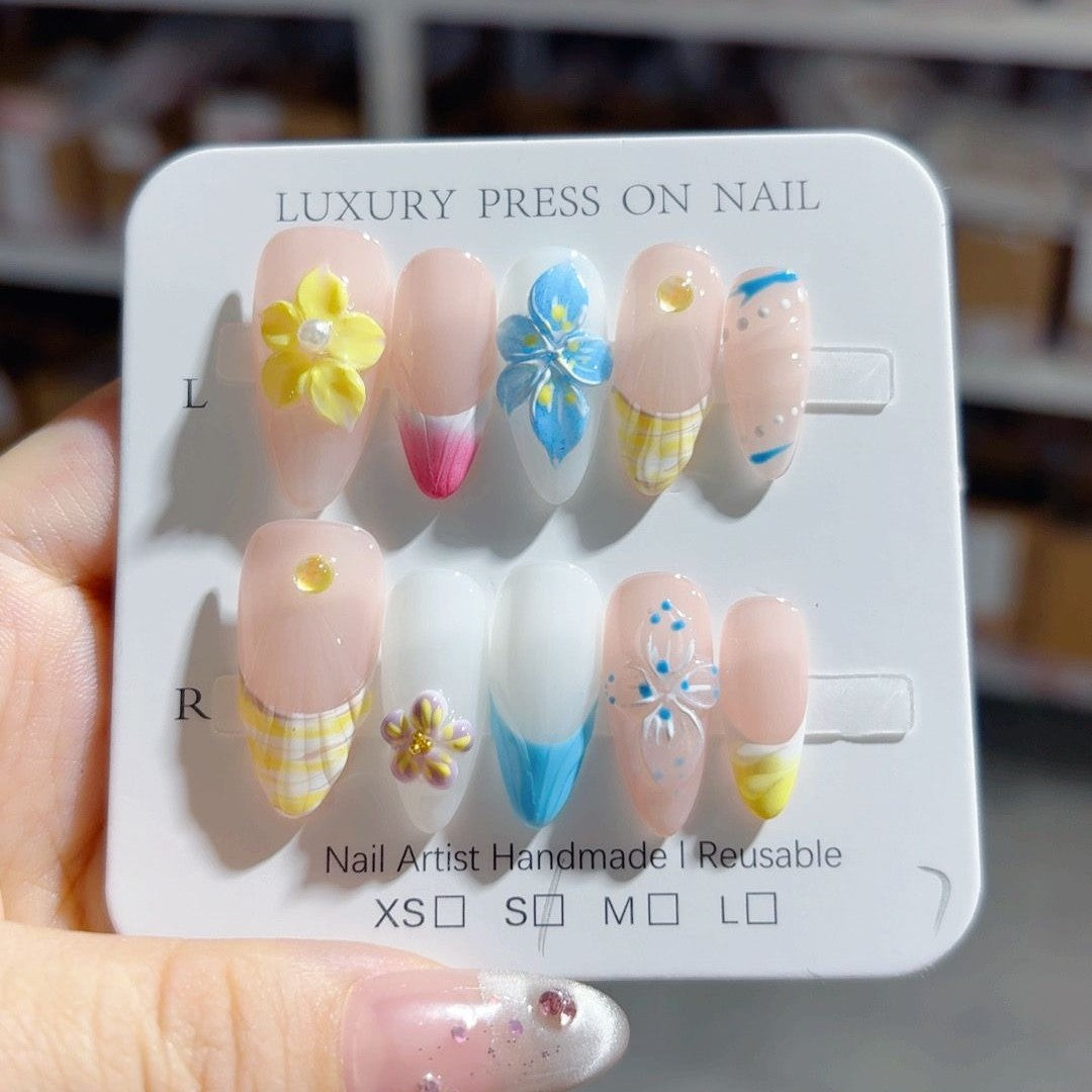 365nails-Spring Bloom: "Colorful Floral" – Alslmond Shape Handmade 3D Carved Press-On Nai