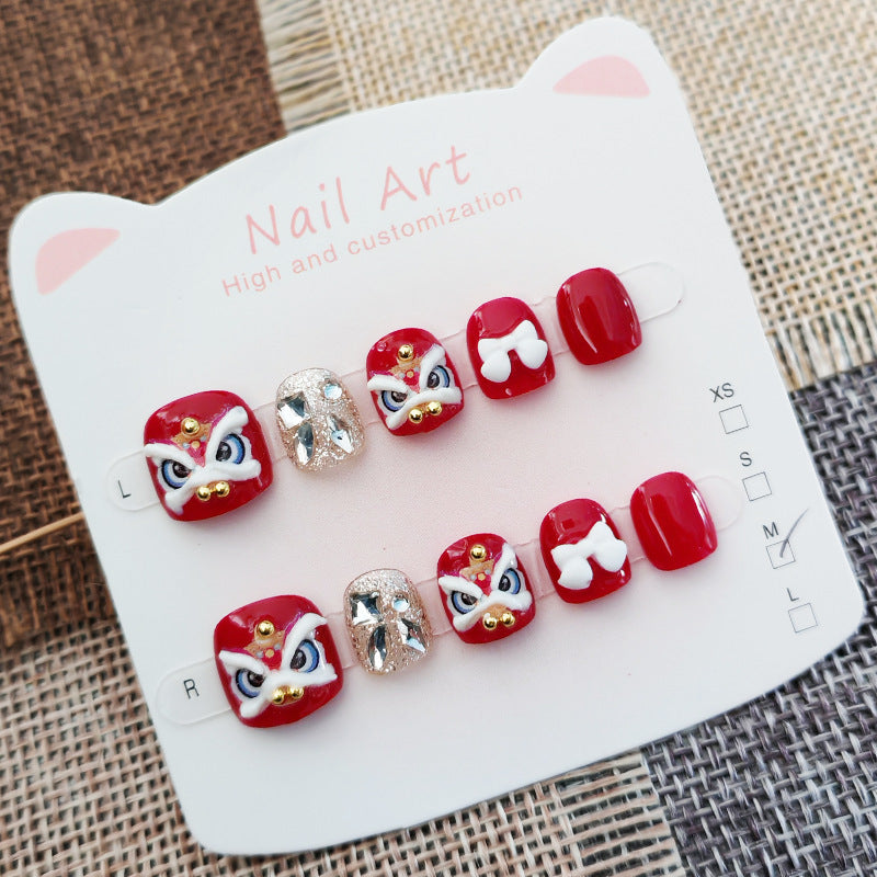 365nails: "auspicious snow lion dance" – short round handmade kids press-on nails