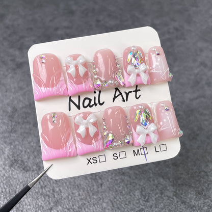 Unhas bico de pato, arte de unhas com laços fofos e delicados, blush francês translúcido, unhas postiças feitas à mão 365nails
