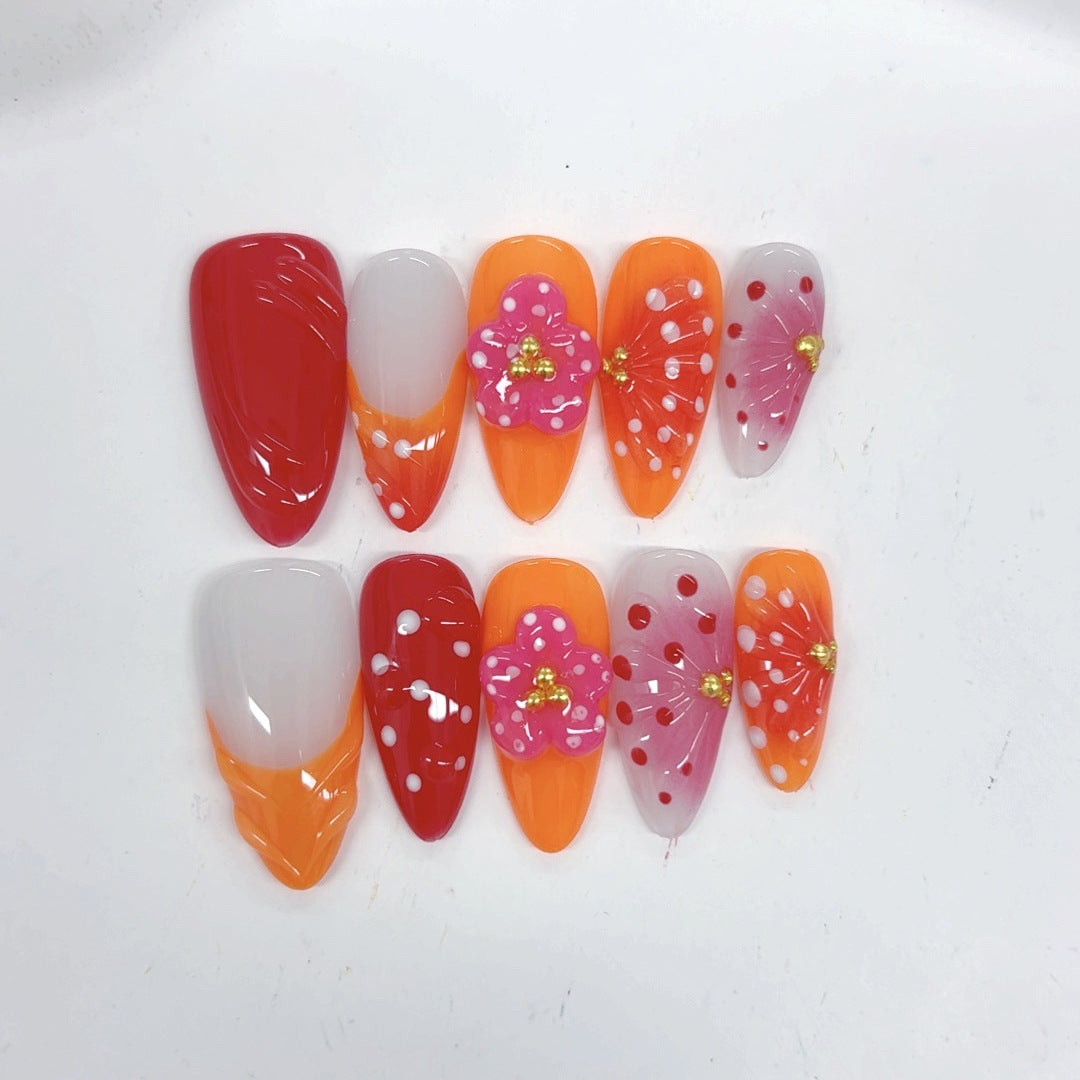 Tropical Bloom: "Coral Cherry" – Unhas Postiças Amêndoas
