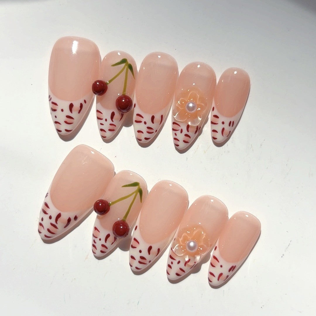 365nails-Cherry Blossom: "Fruity Floral" – Almond Shape Handmade 3D Carved Press-On Nails