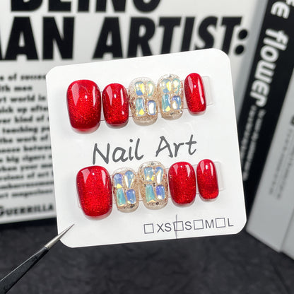 Handmade Nail Art Flash Glass Beads cat eye Short Handmade Press-on Nails Stickers Yiwu Nail Art ｜365nails