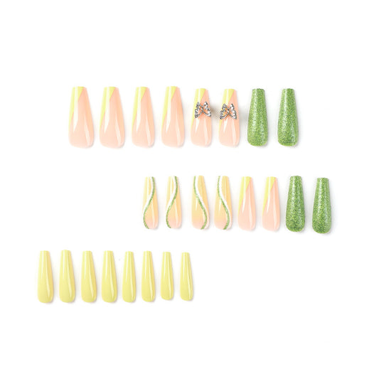 French Green Edge Glitter 3D Butterfly Press On Nails Fake Nails for Women