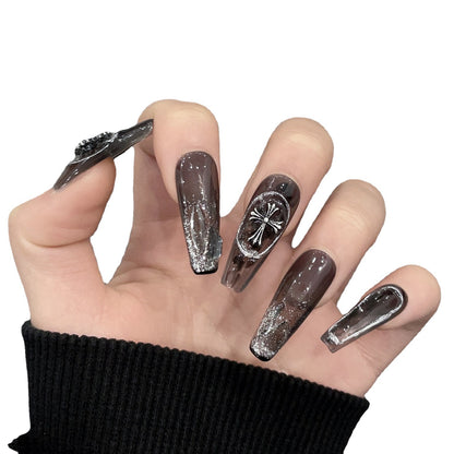 377 handmade nails, Black Punk Style Croft Heart Nail Art False Nail Phototherapy Bridal Nail Finished Product | 365nails