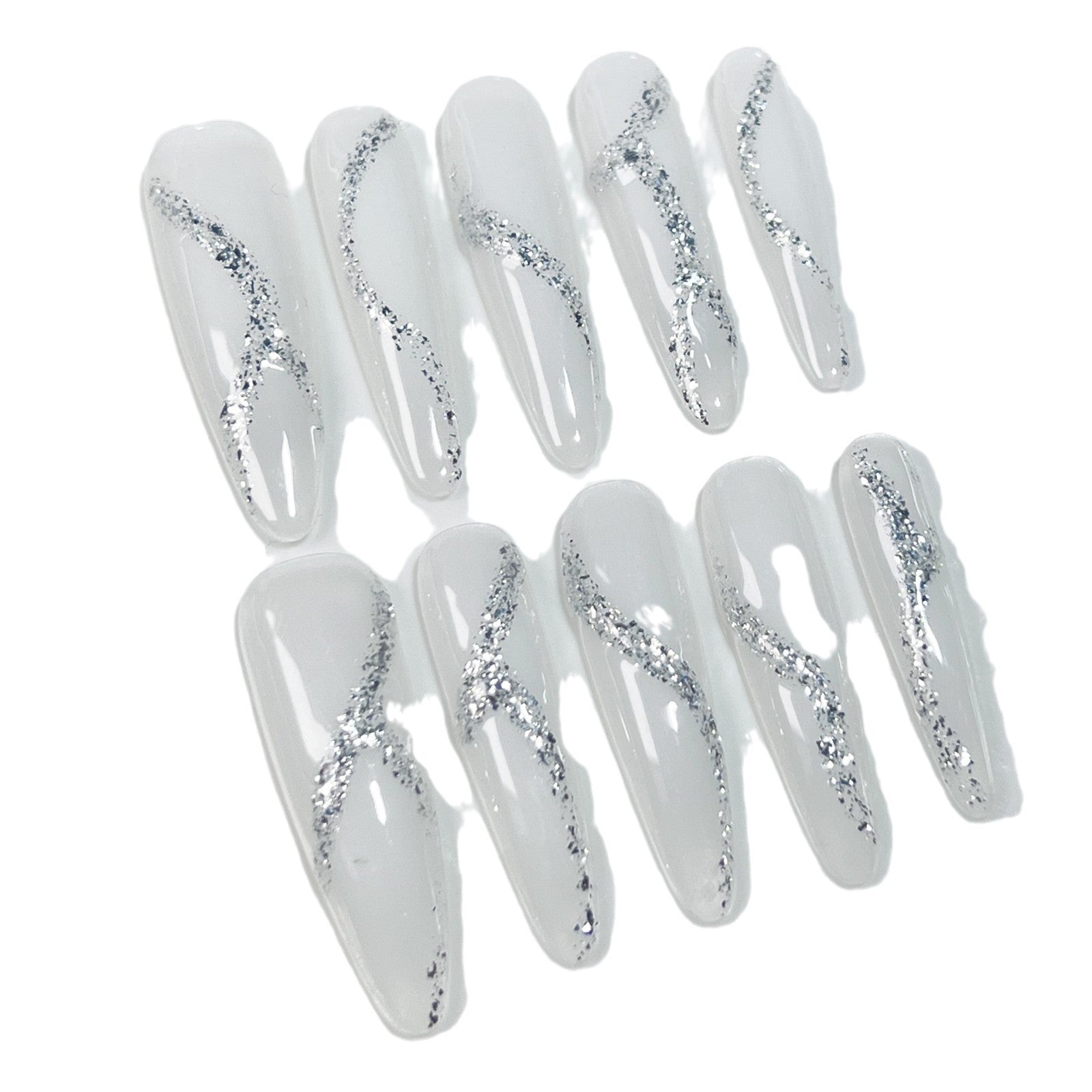 Minimal White-Moon Nails with Silver Shattered Sparkle Lines