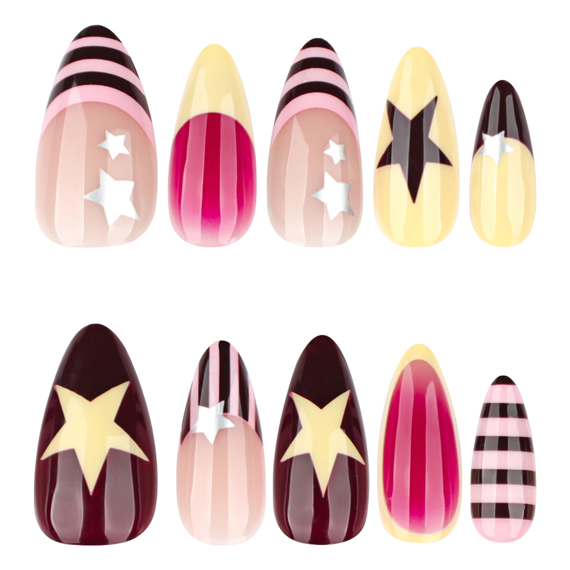 Almond-shaped press-on nails with star accents