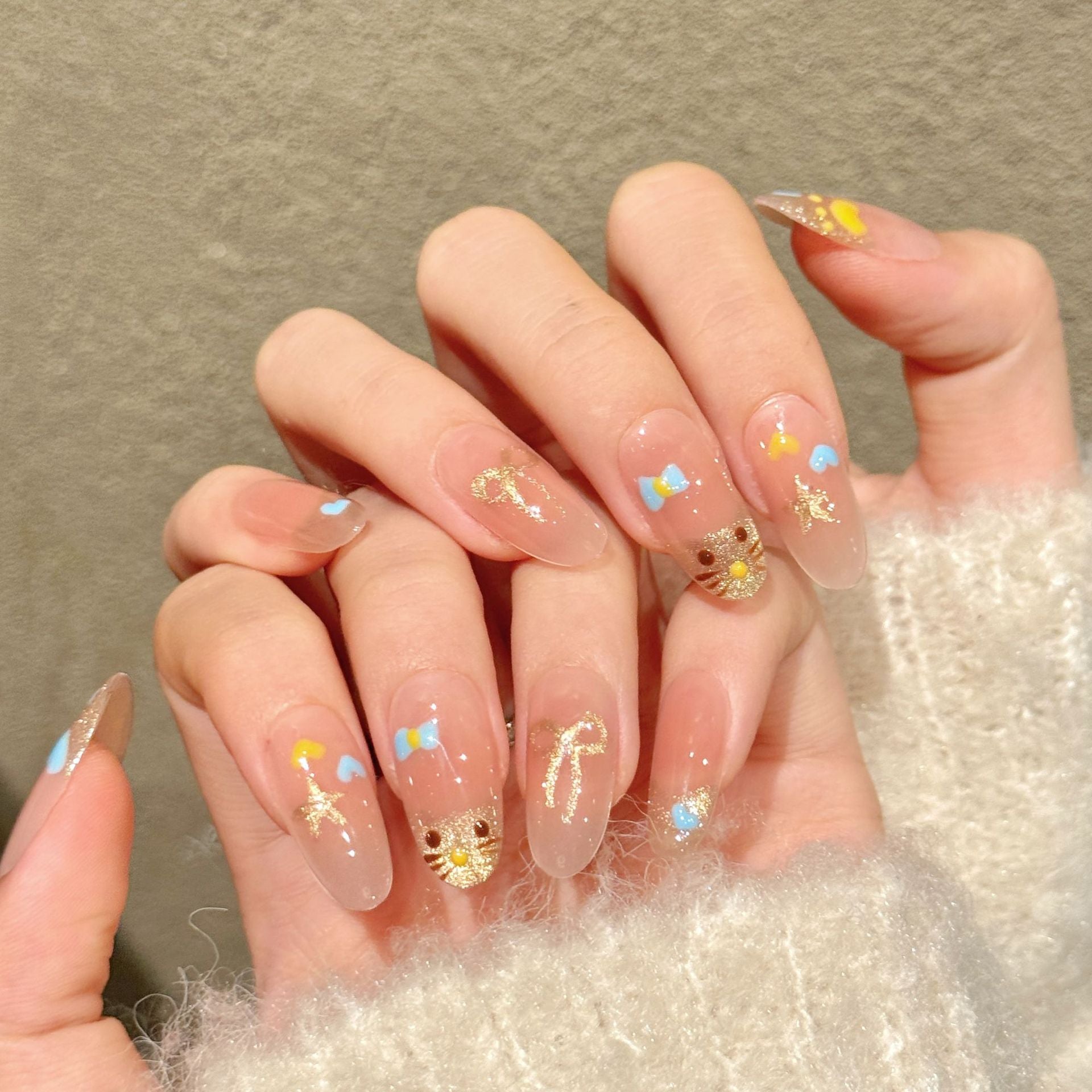 Cute Gradient Nails with Hearts and Kitty Accents