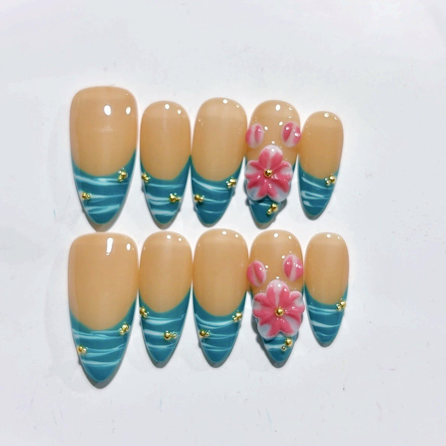 365nails-Beach Wave: "Teal Wave & Floral" – Long Almond Handmade Nails