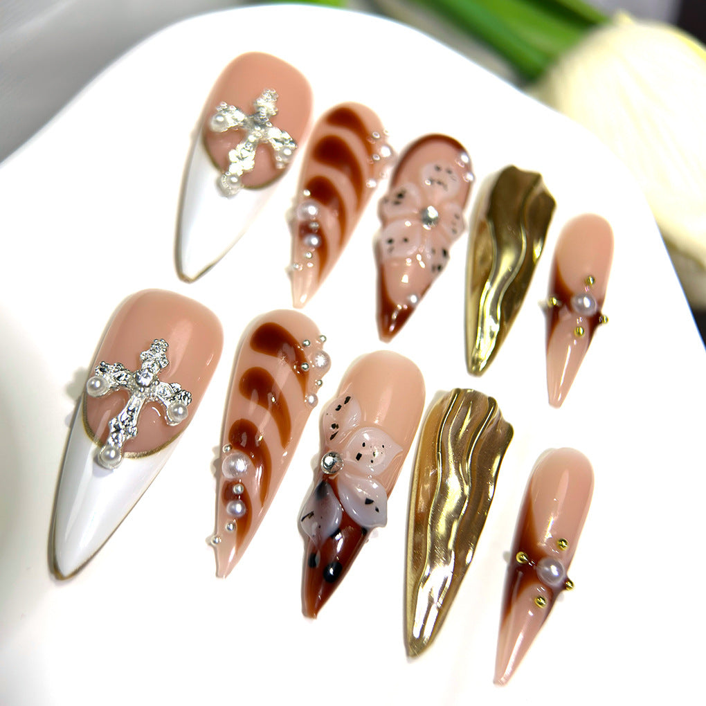 Gold Marble Cross Floral Stiletto Press On Nails