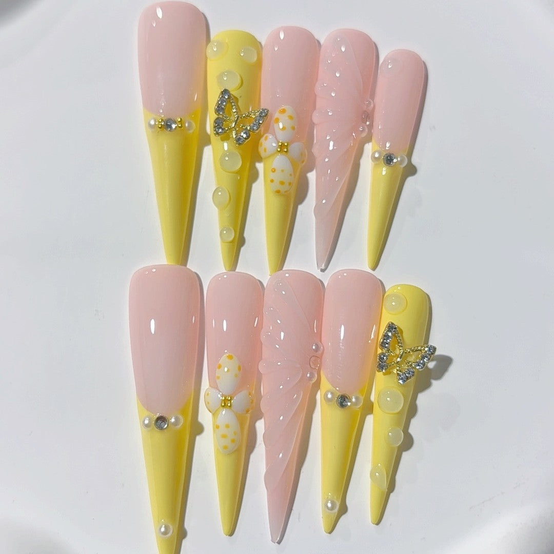 Blush Yellow Butterfly Crystal Press On Nail Set