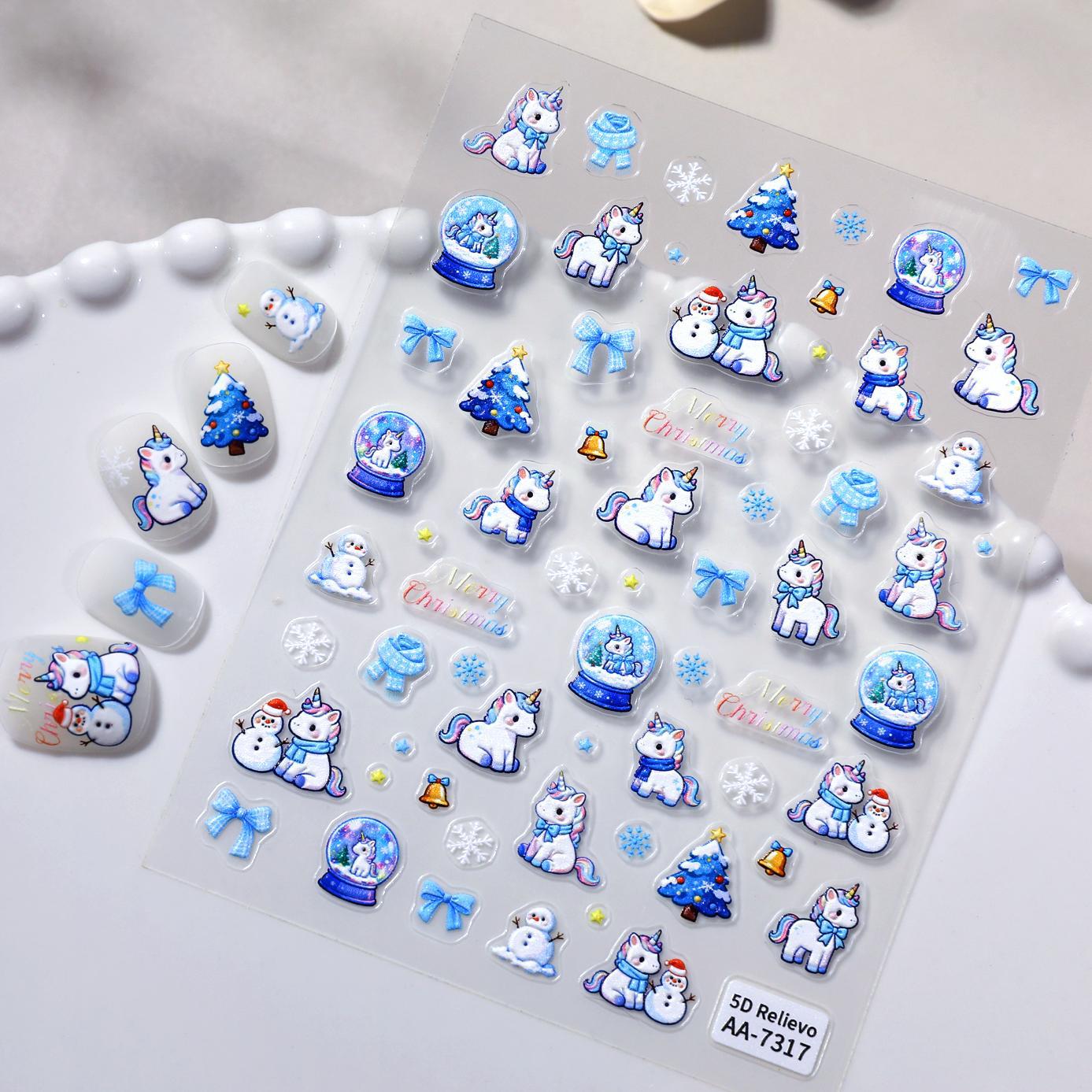 Original Snowflake Unicorn Nail Art Sticker 5D Embossed Three-dimensional Christmas Pony DIY Nail Sticker Ornament AA
