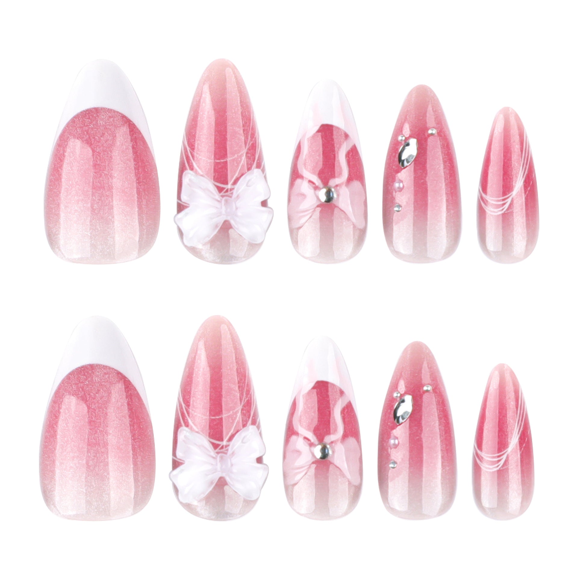 貓眼漸層腮紅色 法式蝴蝶結 杏仁形穿戴甲｜365nails