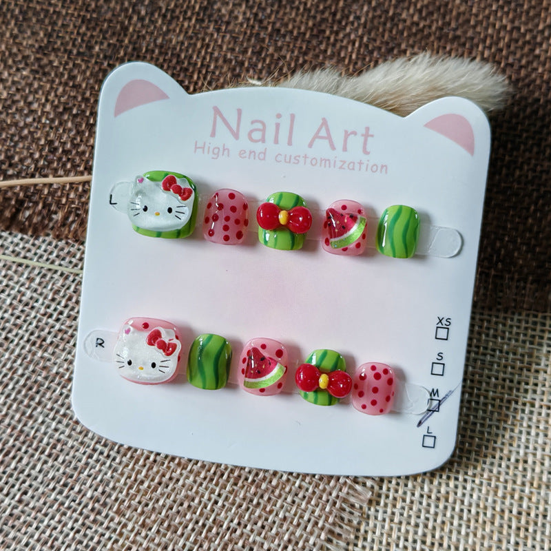 365nails: "cool watermelon hello kitty" – short round handmade kids press-on nails