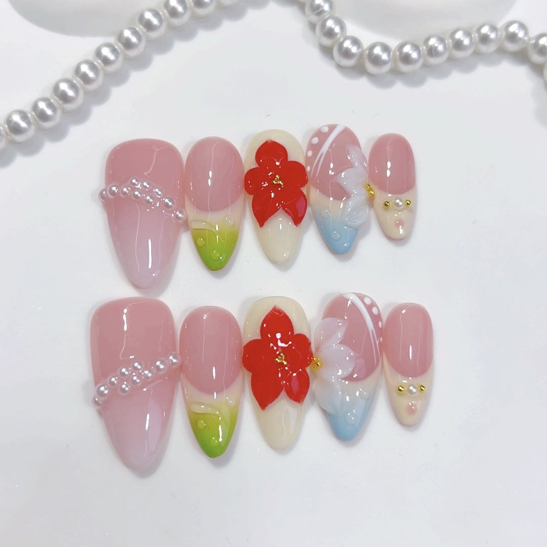 Spring Blossom: "Cherry Pearl Glow" – Almond Shape Handmade Press-Ons