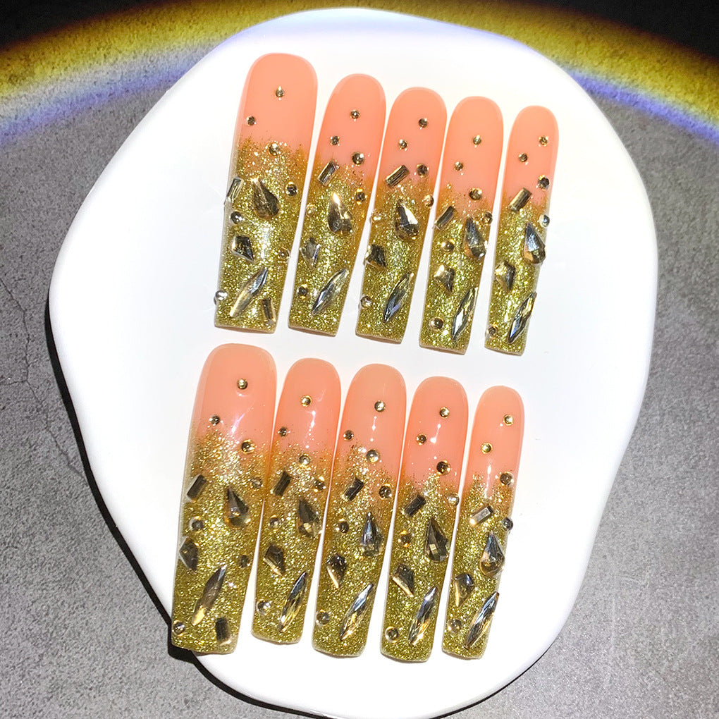 金色亮粉長款穿戴甲，水鑽鑲嵌華麗飾面