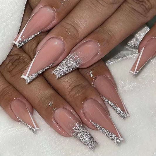French white edge long ballet  silver glitter nail art  explosion autumn and winter   finished product｜365nails