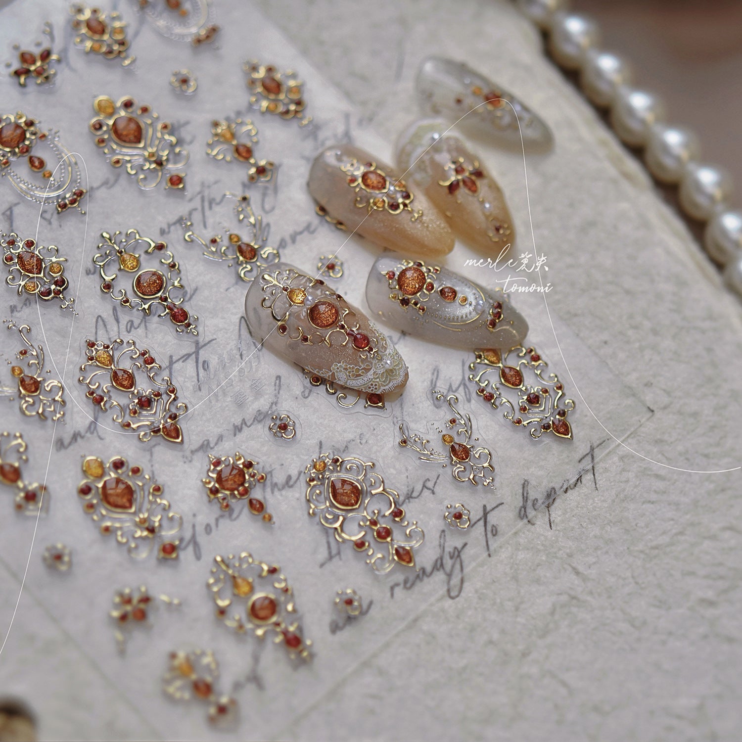 Gold Amber Vintage Ornate Frame: "Baroque Amber Jewel" – 5D Embossed Nail Sticker