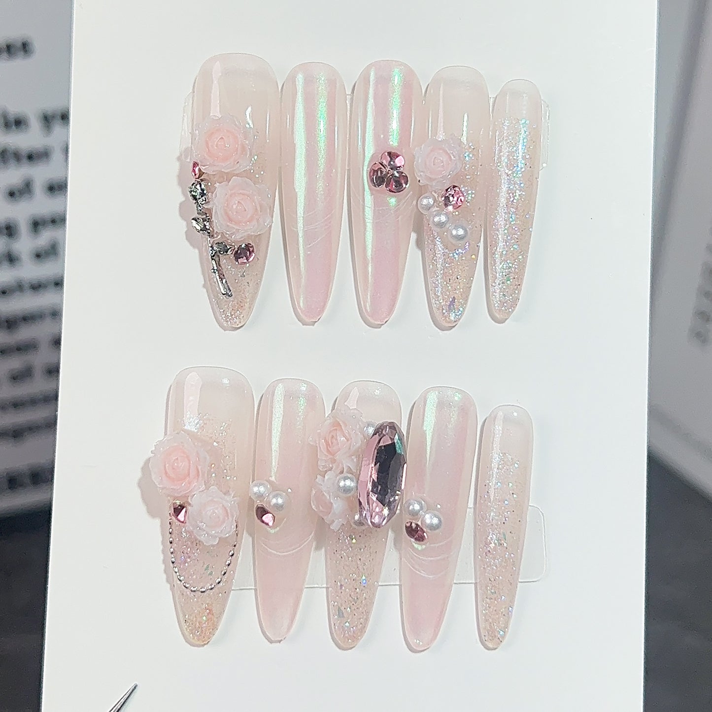 Unhas feitas à mão com rosas, canção de amor, fada do vento, desejo puro, temperamento suave, elegante, arte de unhas longas ｜ 365nails