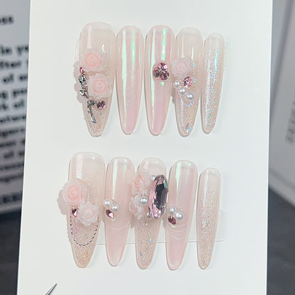 Unhas feitas à mão com rosas, canção de amor, fada do vento, desejo puro, temperamento suave, elegante, arte de unhas longas ｜ 365nails