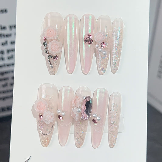 Unhas feitas à mão com rosas, canção de amor, fada do vento, desejo puro, temperamento suave, elegante, arte de unhas longas ｜ 365nails