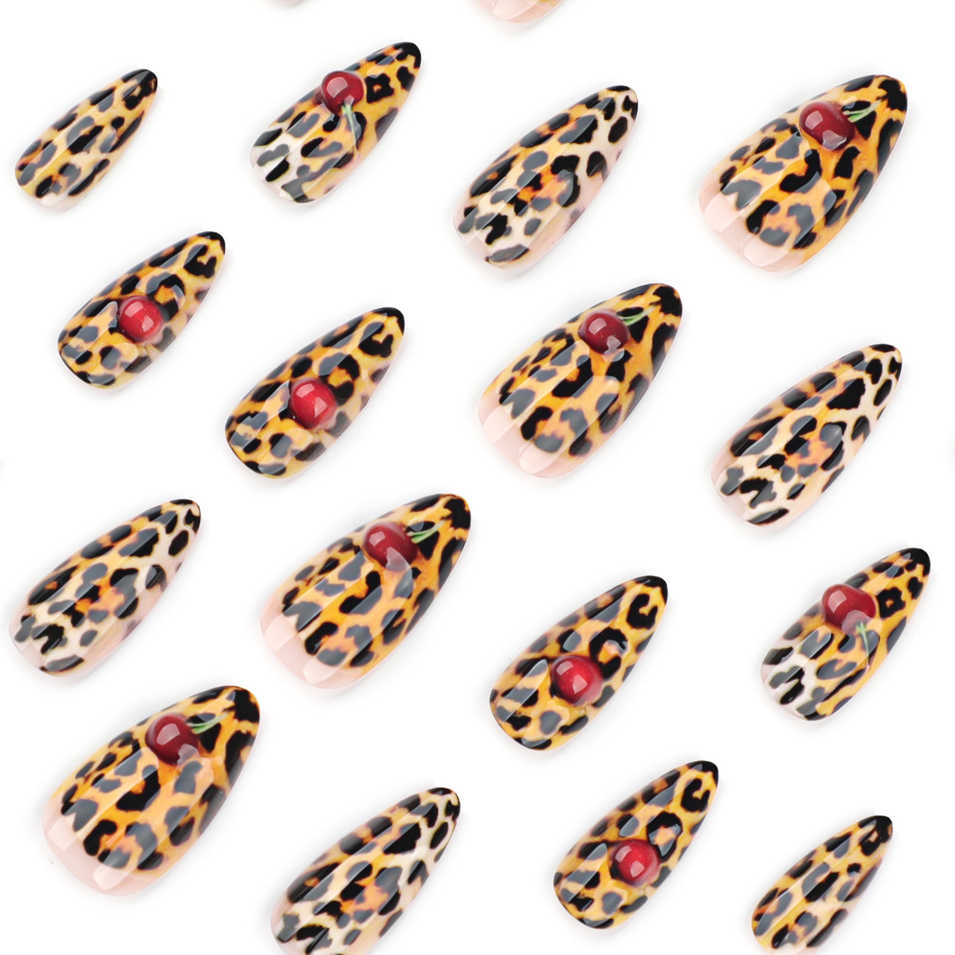Wild Leopard Print Nails with Cherry Accent Medium Almond Tips