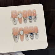 365nails: "Frozen Elegance" – 3D Gemstone & Silver Handmade Almond Nails