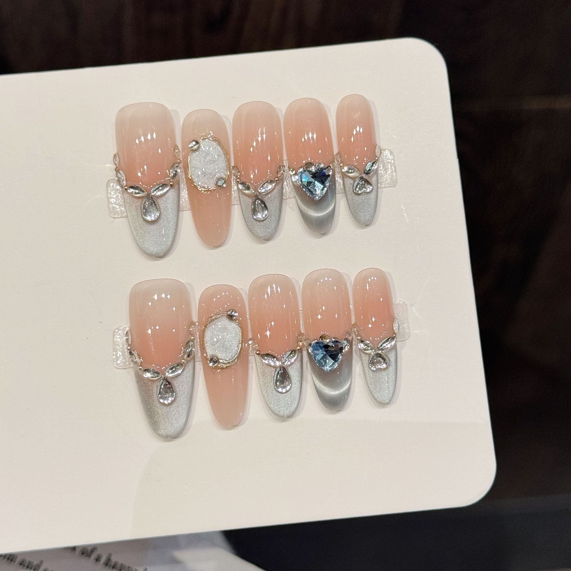 365nails: "Frozen Elegance" – 3D Gemstone & Silver Handmade Almond Nails