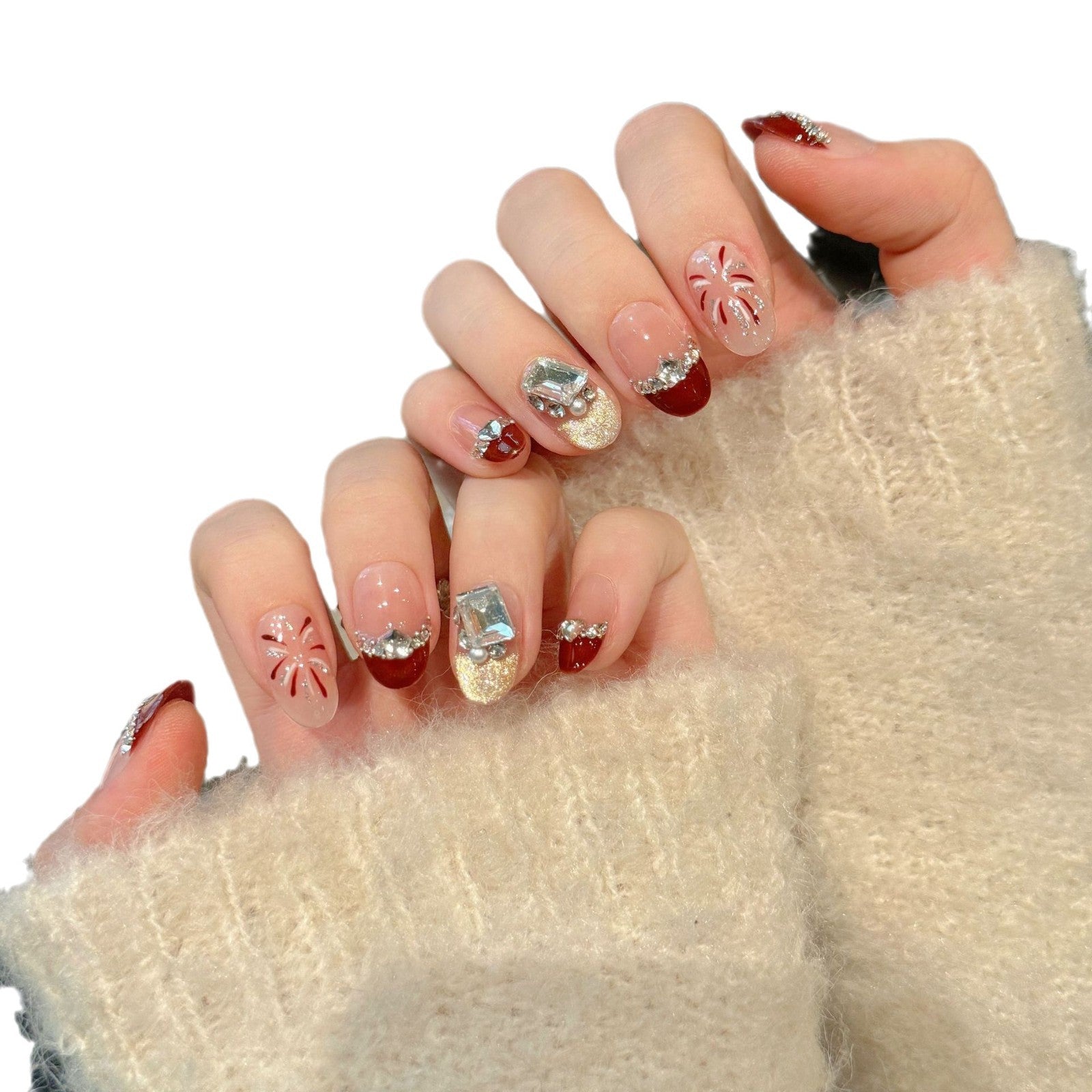 365nails: "Crimson Fireworks" – 3D 寶石與法式尖端 手工製 短款 方形 穿戴甲