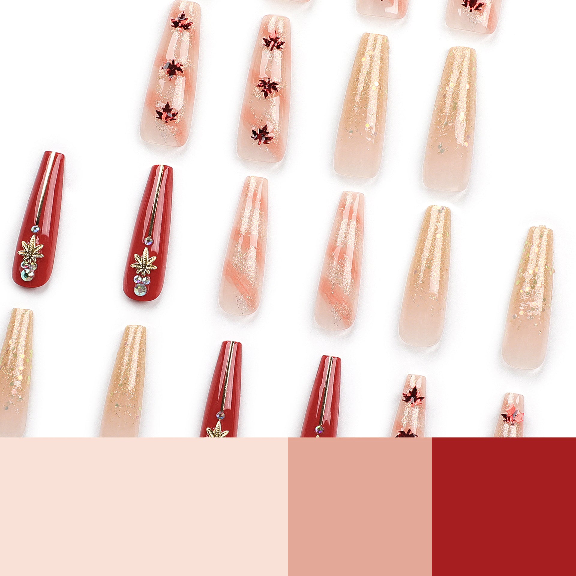 Las lentejuelas de hoja de arce blanca de otoño e invierno visten armadura Europa, América, grandes productos de uñas con polvo brillante con incrustaciones de diamantes rojos al por mayor ｜ 365nails