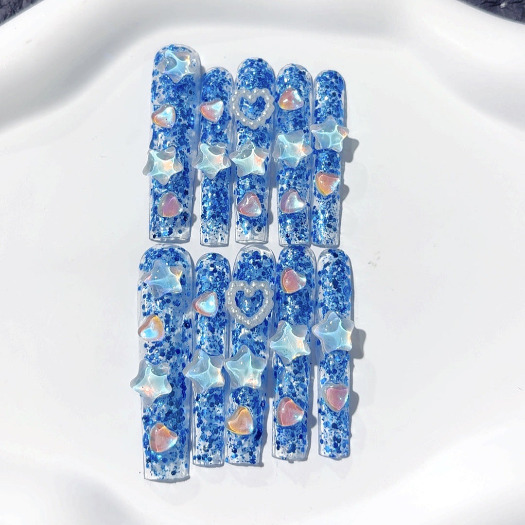 海洋藍星星愛心水鑽亮粉穿戴甲