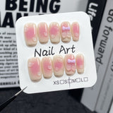 Adesivo de unha postiça artesanal com blush aerógrafo fofo e curto para atacado｜365nails