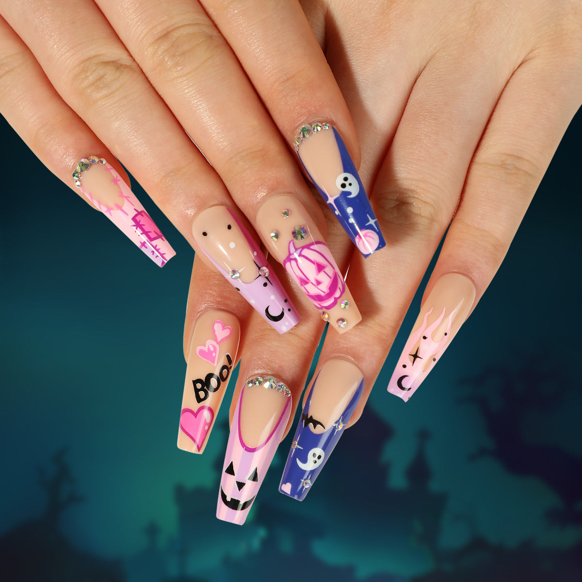 Use almofadas de unha para arte de Halloween em unhas rosa, roxo, abóbora, amor, preto, estrela, lua, branco, fantasma, unhas com strass｜365nails