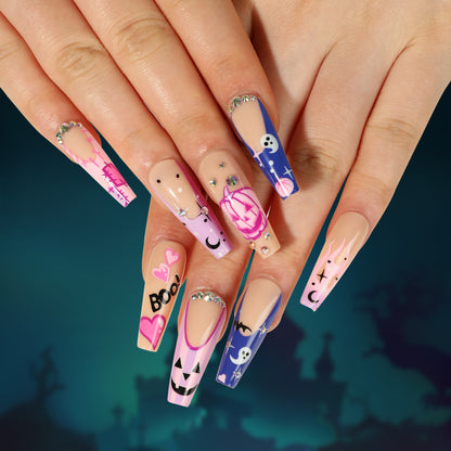 Wear nail pads Halloween nail art pink purple pumpkin love black star moon white ghost rhinestone nails｜365nails