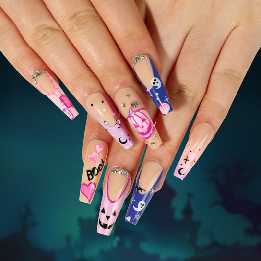 Wear nail pads Halloween nail art pink purple pumpkin love black star moon white ghost rhinestone nails｜365nails