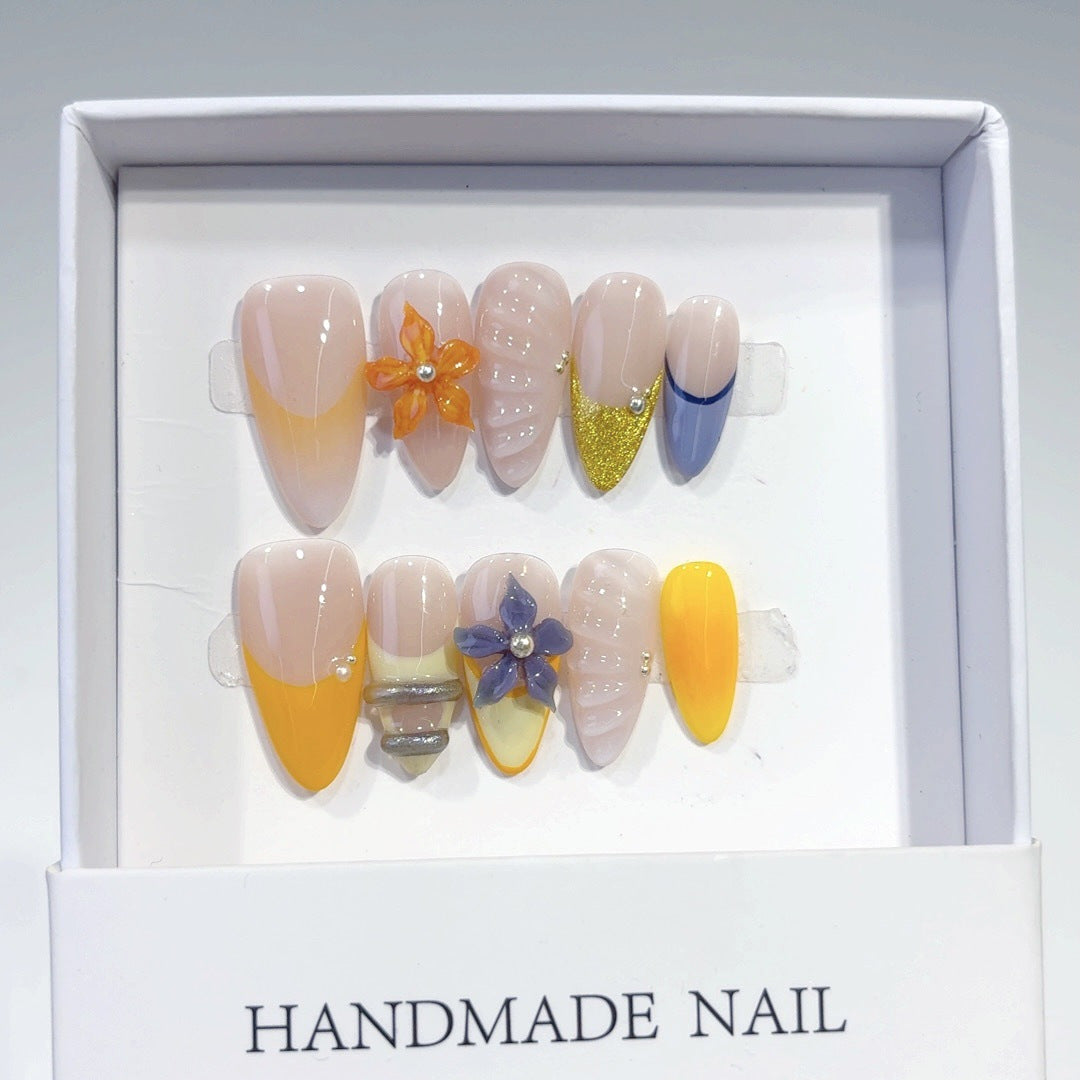 Warm Breeze: "Pôr do Sol em Flor" – Unhas Postiças Artesanais Formato Amêndoa