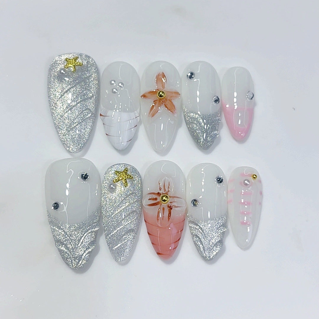 Ocean Star: "Silver Glitter Flower" – Almond Shape Handmade Press-On Nails