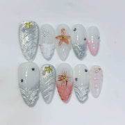 Ocean Star: "Silver Glitter Flower" – Almond Shape Handmade Press-On Nails