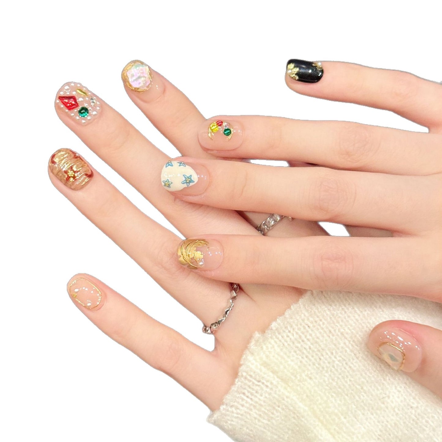 Color Gem Star Flower Short Square Press On Nails