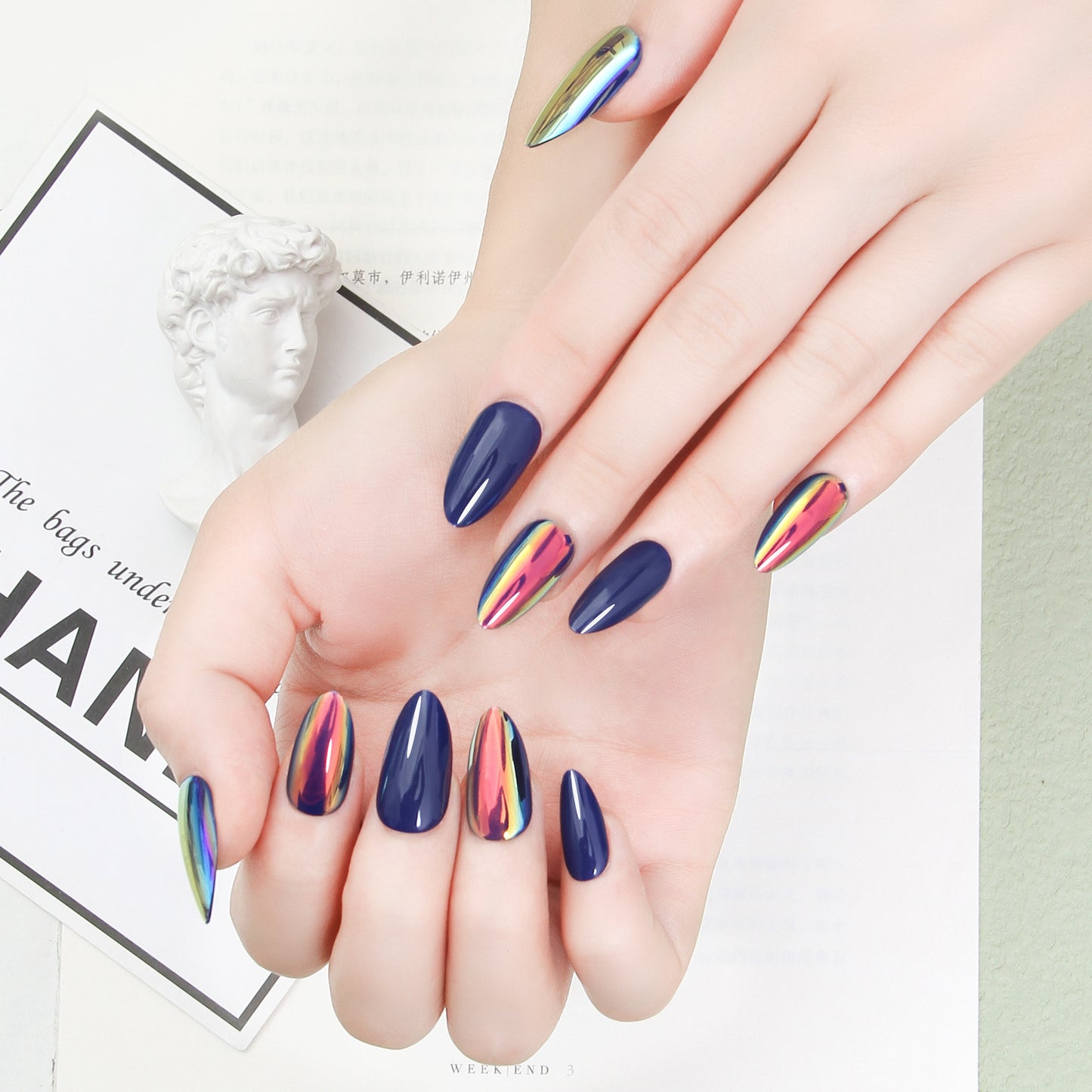 Navy Blue & Iridescent Chrome Short Almond Nail Set