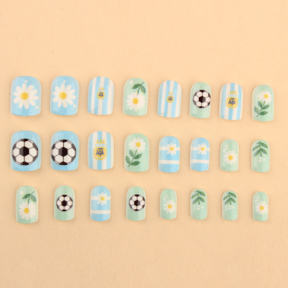 World Cup Argentina Team Fan Press-On Nails with Footballs & Daisies (Short Square/24pcs/Cute)