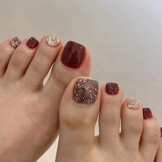 Champagne flash solid color burgundy New Year's bride's Press-on toenails nail nail piece manicure Press-on toenails wear nail finished product wholesale｜365nails
