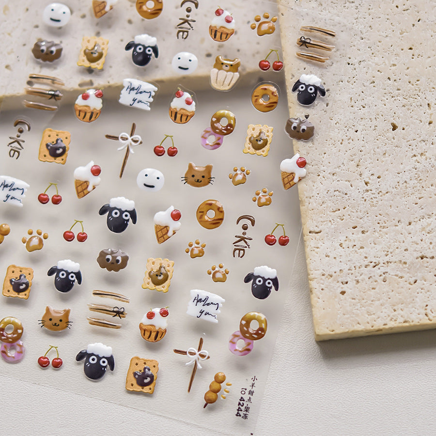 Coleção Ovelhinhas Fofas & Doces: "Confeitaria de Ovelhas" – Adesivo de Unha com Relevo 3D