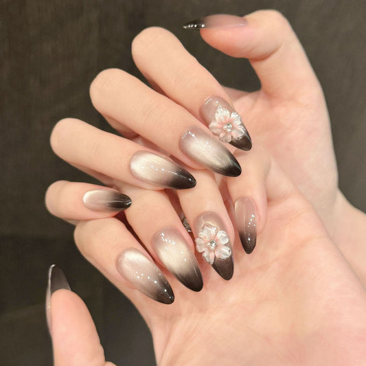 Handmade Ice Carving Three-dimensional Ice Flower Black Gradient French Handmade press on nails | 365nails