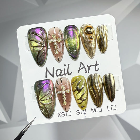 Magic gold hand-painted butterfly metal relief blush nail  almond cat eye manicure｜365nails