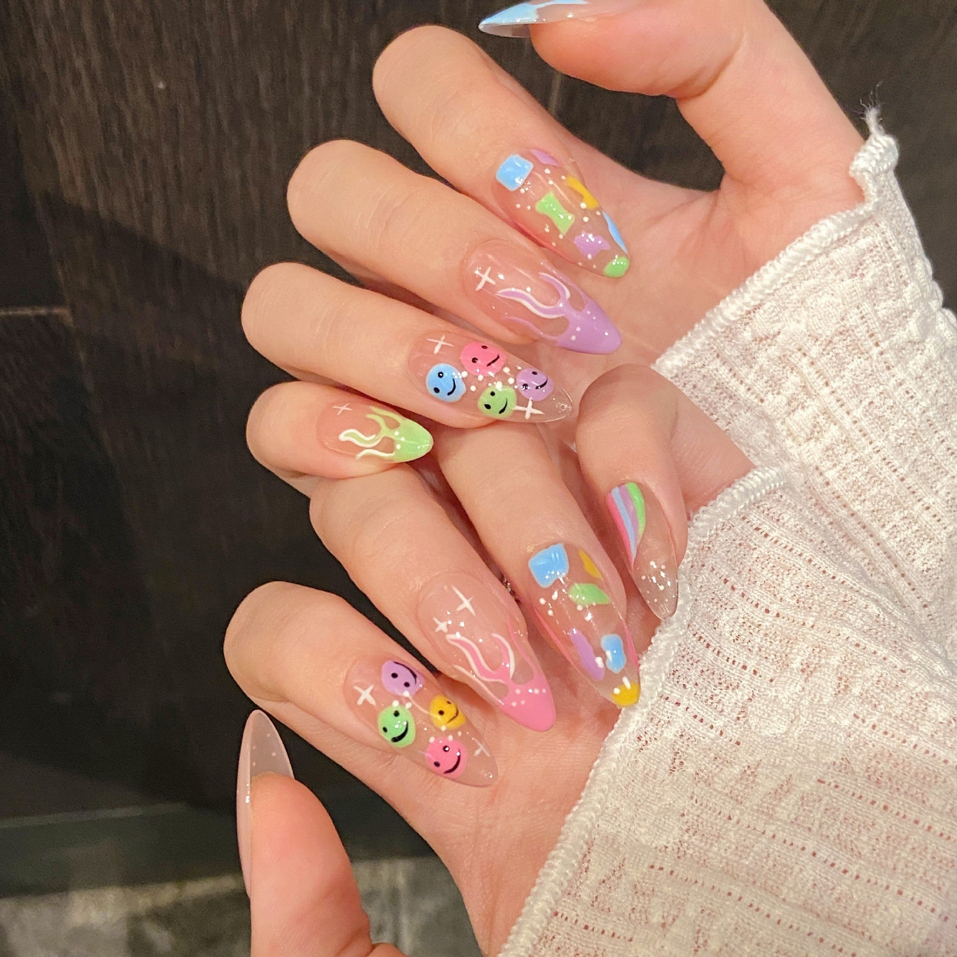 small fresh summer rainbow hand-painted smiley face colorful cute graffiti Thai plastic wind press on nails | 365nails